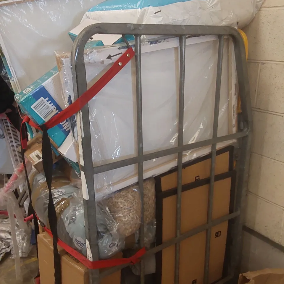 CAGE CONTAINING A LARGE QUANTITY OF ASSORTED ITEMS INCLUDING: PILLOWS, CEILING LIGHTS, PAINTINGS ECT - CAGE NOT INCLUDED