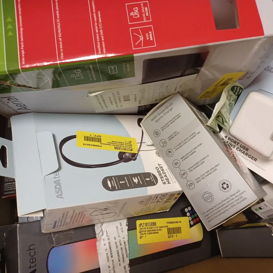APPROXIMATELY 20 ASSORTED TECH PRODUCTS TO INCLUDE GAMING HEADSET, JUICE BOOM PRO BLUETOOTH SPEAKER, DVD PLAYER 