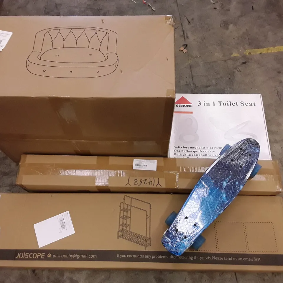 PALLET OF ASSORTED PRODUCTS INCLUDING DOG BED, 3 IN 1 TOILET SEAT, BANANA KAYAK, CLOTHES RACK WITH SHOE STORAGE, PLASTIC SKATEBOARD 