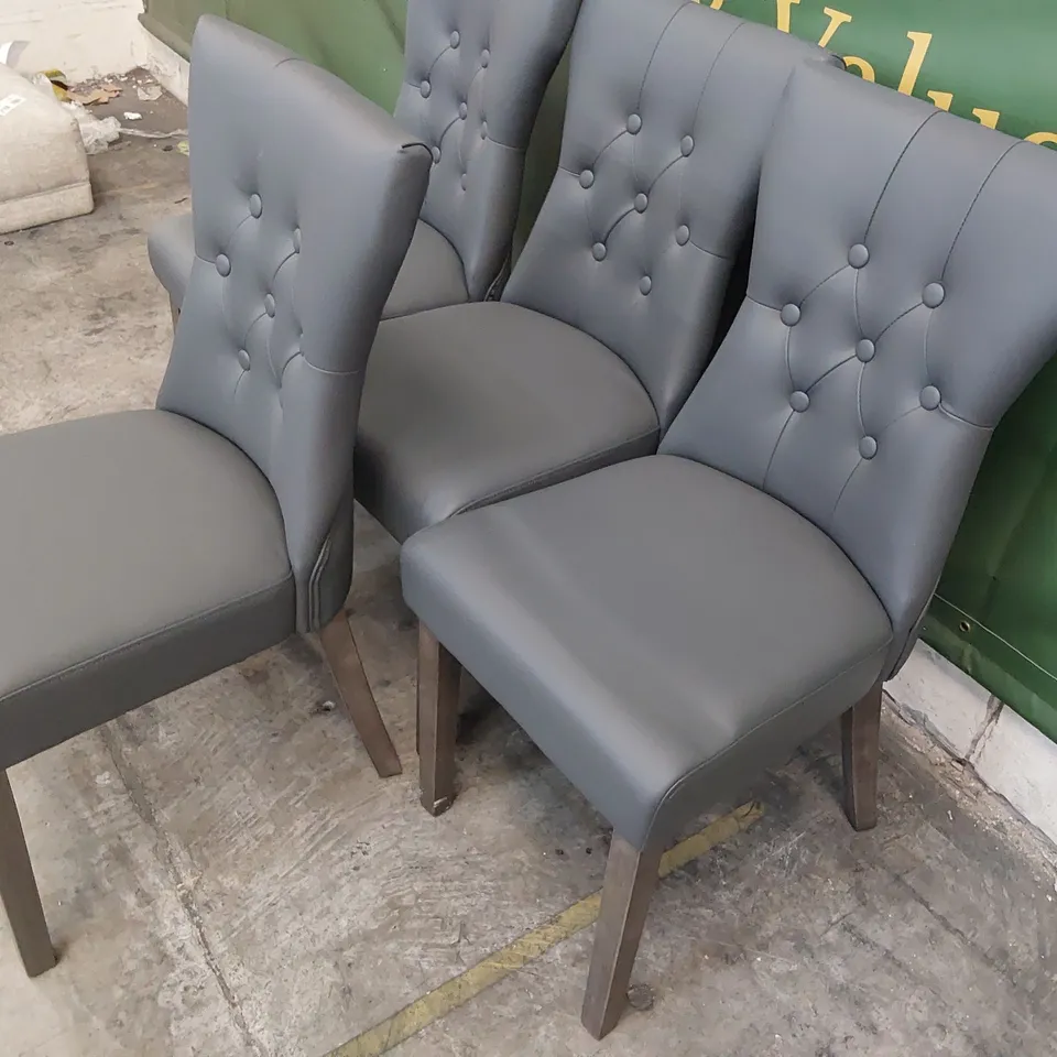 SET OF FOUR UPHOLSTERED DINING CHAIRS BUTTONED BACK GREY PU ON SILVER WOOD LEGS