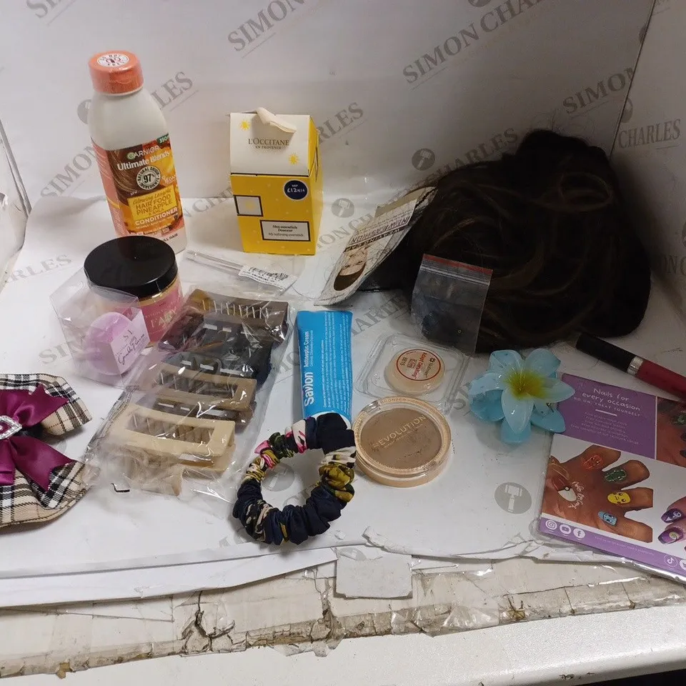 LOT OF APPROX. 15 HEALTH AND BEAUTY ITEMS - WIG, REVOLUTION CREAM BRONZER, L'OCCITANE MY SOFTENING ESSENTIALS