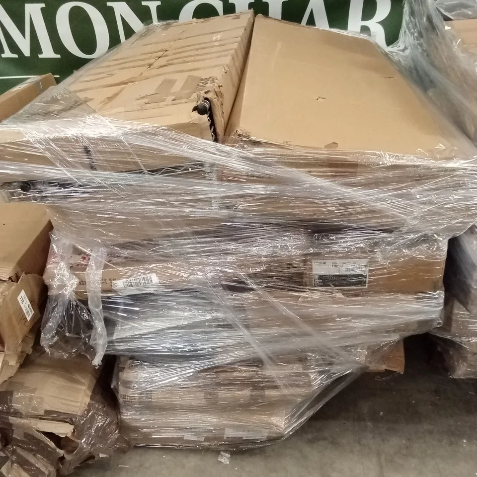 PALLET OF ASSORTED CATERING FURNITURE PARTS AND PIECES, METAL STORAGE RACKS ETC