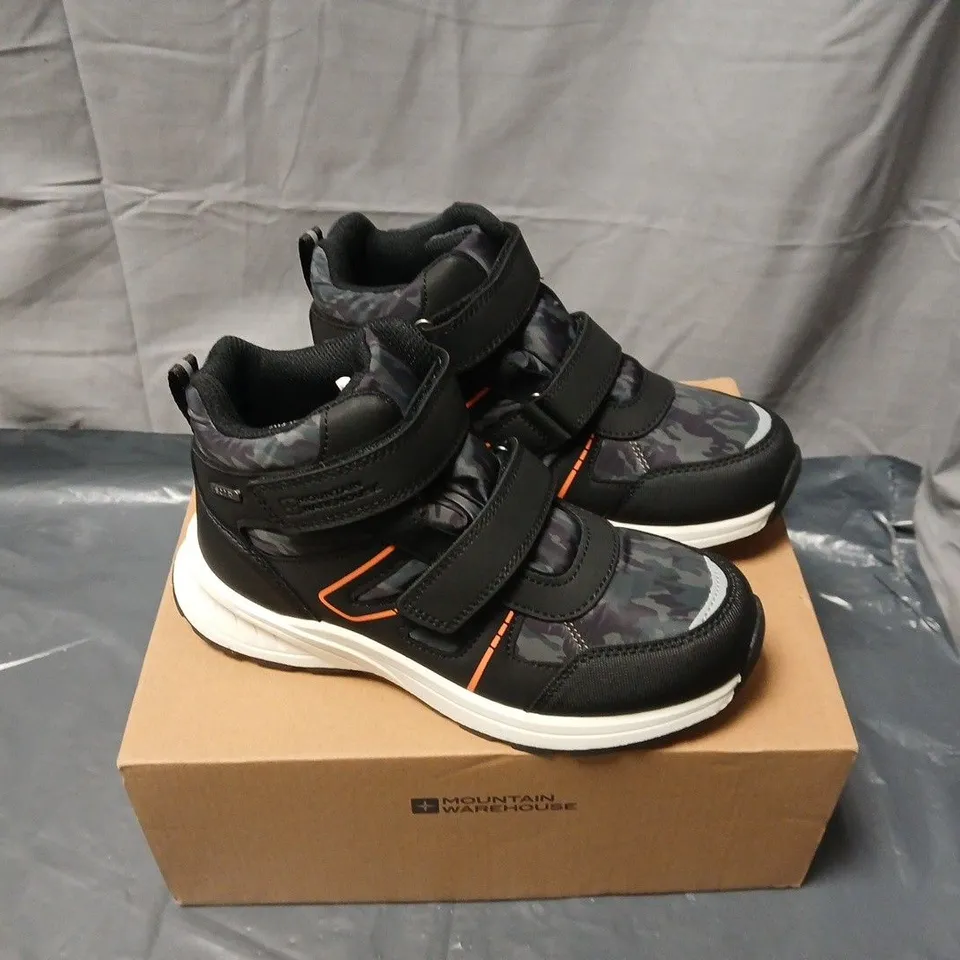 MOUNTAIN WAREHOUSE KIDS' CAMOUFLAGE VELCRO TRAINERS – BLACK/GRAY WITH ORANGE ACCENTS UK SIZE 3