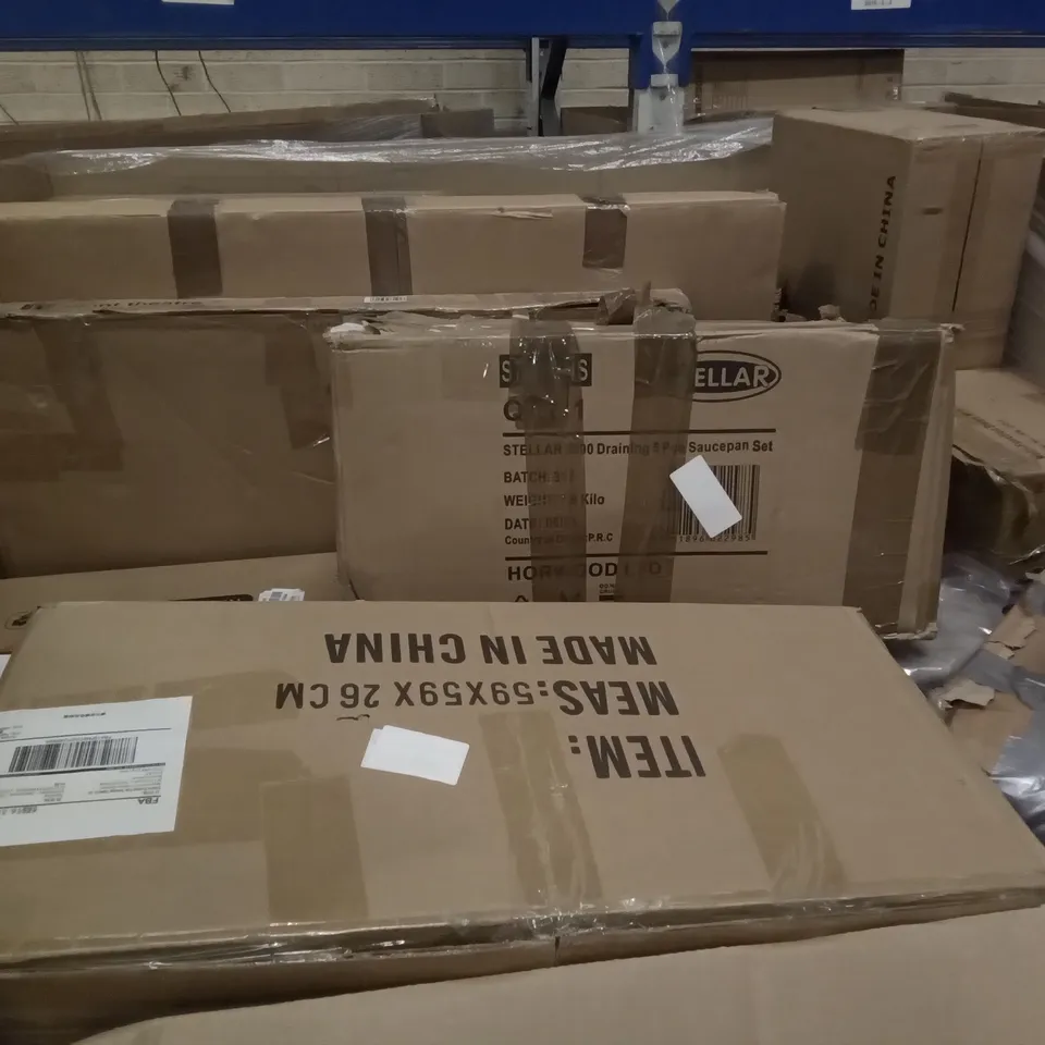 PALLET OF ASSORTED ITEMS INCLUDING ALPHA CAMP CAMPING COT, SINGLE ROD, CLEAR STACKING CADDY, KIDS DINO BIKE, STELLAR SAUCEPAN SET, MULTIFUNCTIONAL STEAM MOP