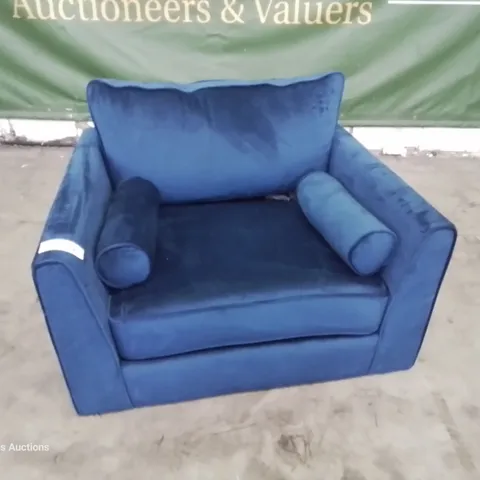 DESIGNER SNUGGLER CHAIR WITH BOLSTER CUSHIONS PLUSH BLUE FABRIC