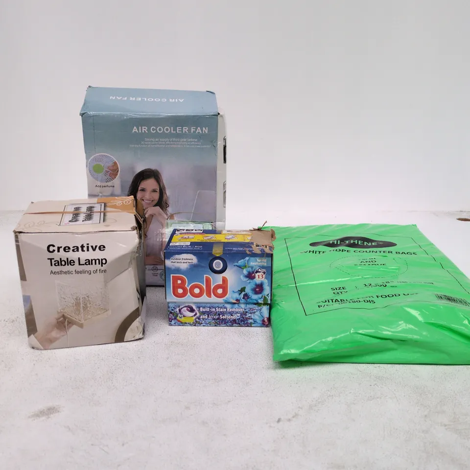 BOX OF APPROXIMATELY 20 ASSORTED ITEMS TO INCLUDE AIR COOLER FAN, HDPE COUNTER BAGS, BOLD, TABLE LAMP ETC