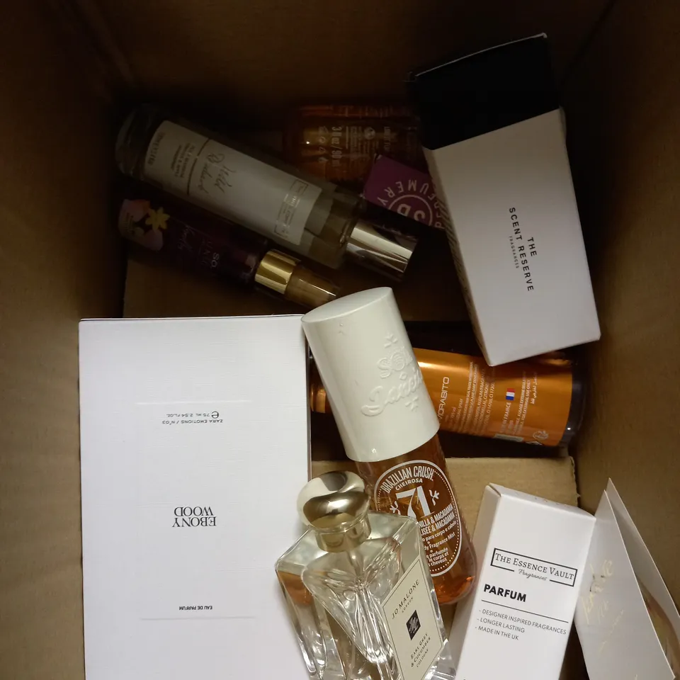 BOX OF APPROXIMATELY 10 ASSORTED FRAGRANCES TO INCLUDE JO MALONE COLOGNE, BRAZILIAN CRUSH BODY MIST, SCENT RESERVE PARFUM