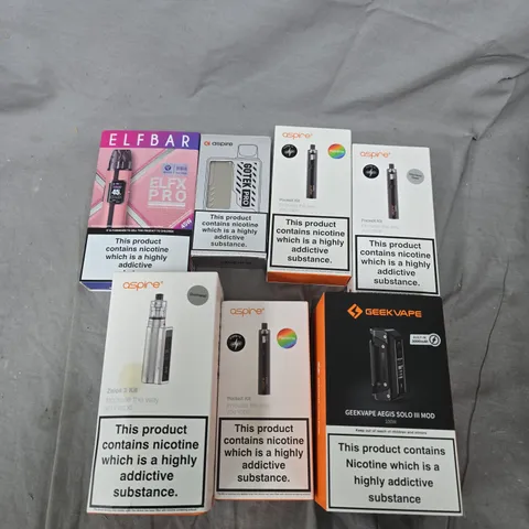 APPROXIMATELY 15 ASSORTED E-CIG PRODUCTS AND ACCESSORIES TO INCLUDE ELFBAR, ASPIRE, GEEKVAPE ETC
