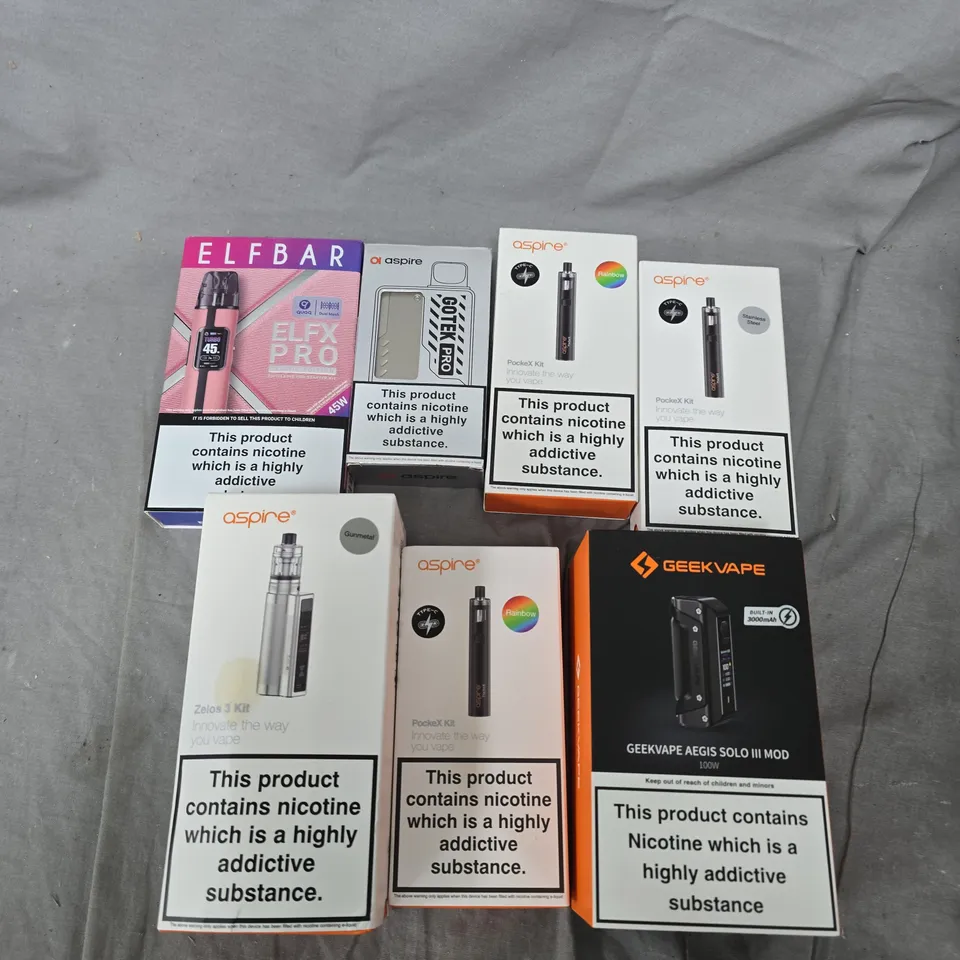 APPROXIMATELY 15 ASSORTED E-CIG PRODUCTS AND ACCESSORIES TO INCLUDE ELFBAR, ASPIRE, GEEKVAPE ETC 
