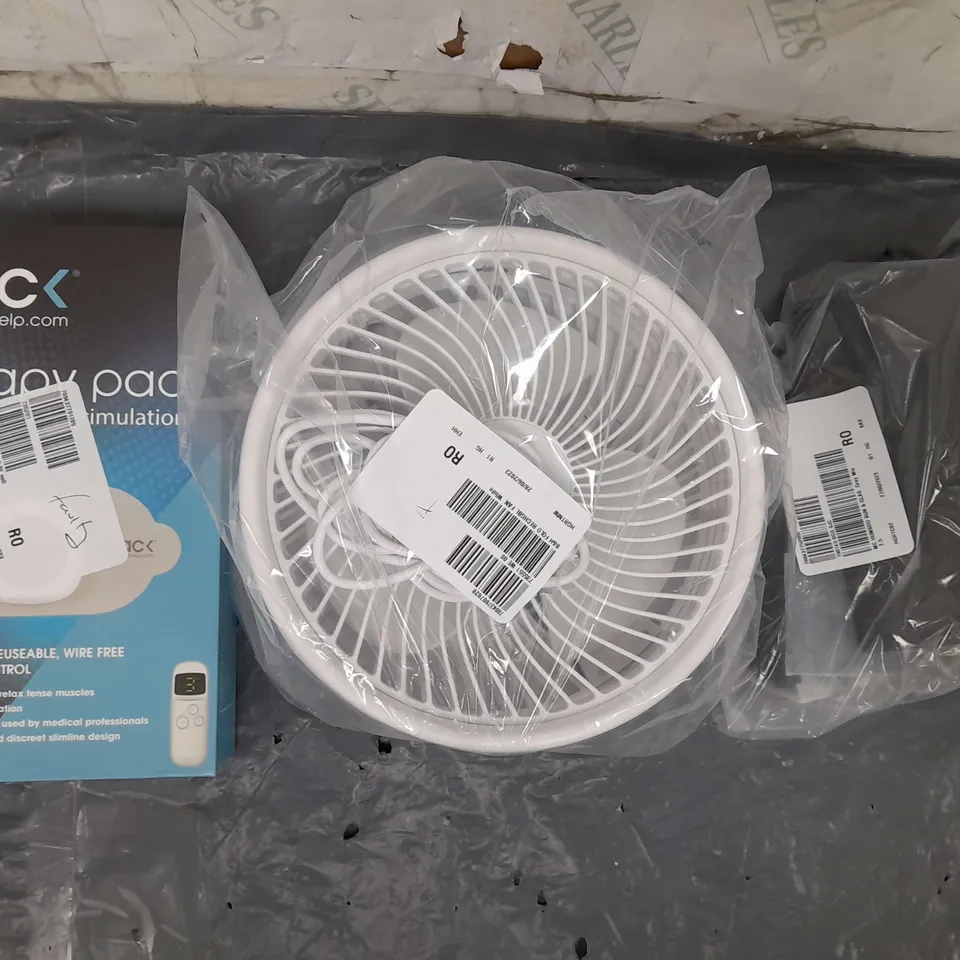 BOX OF APPROXIMATELY 15 ASSORTED HOUSEHOLD ITEMS TO INCLUDE THERAPY PAD, FAN, ETC