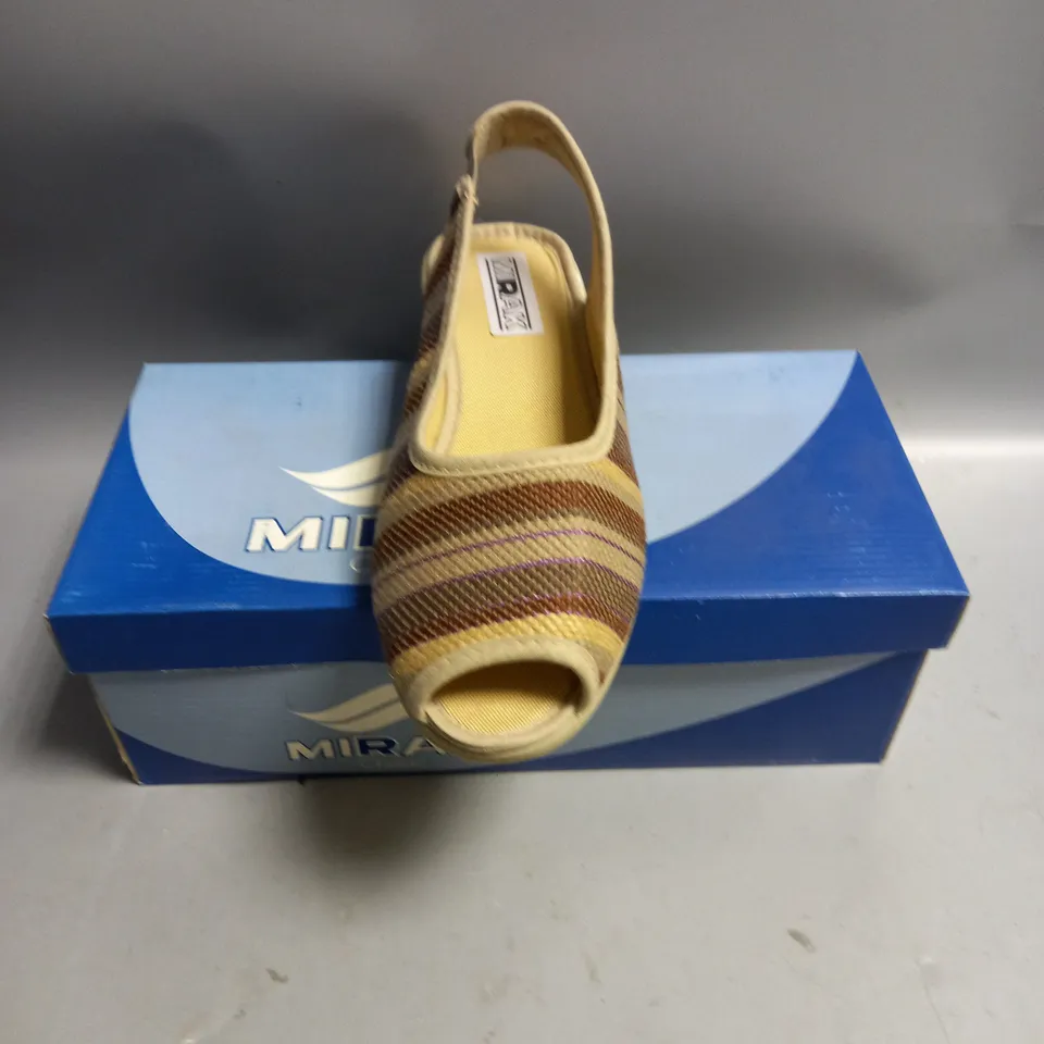 BOXED MIRAK LADIES BROWN STRIPED SLINGBACK SANDALS. SIZE EU 38