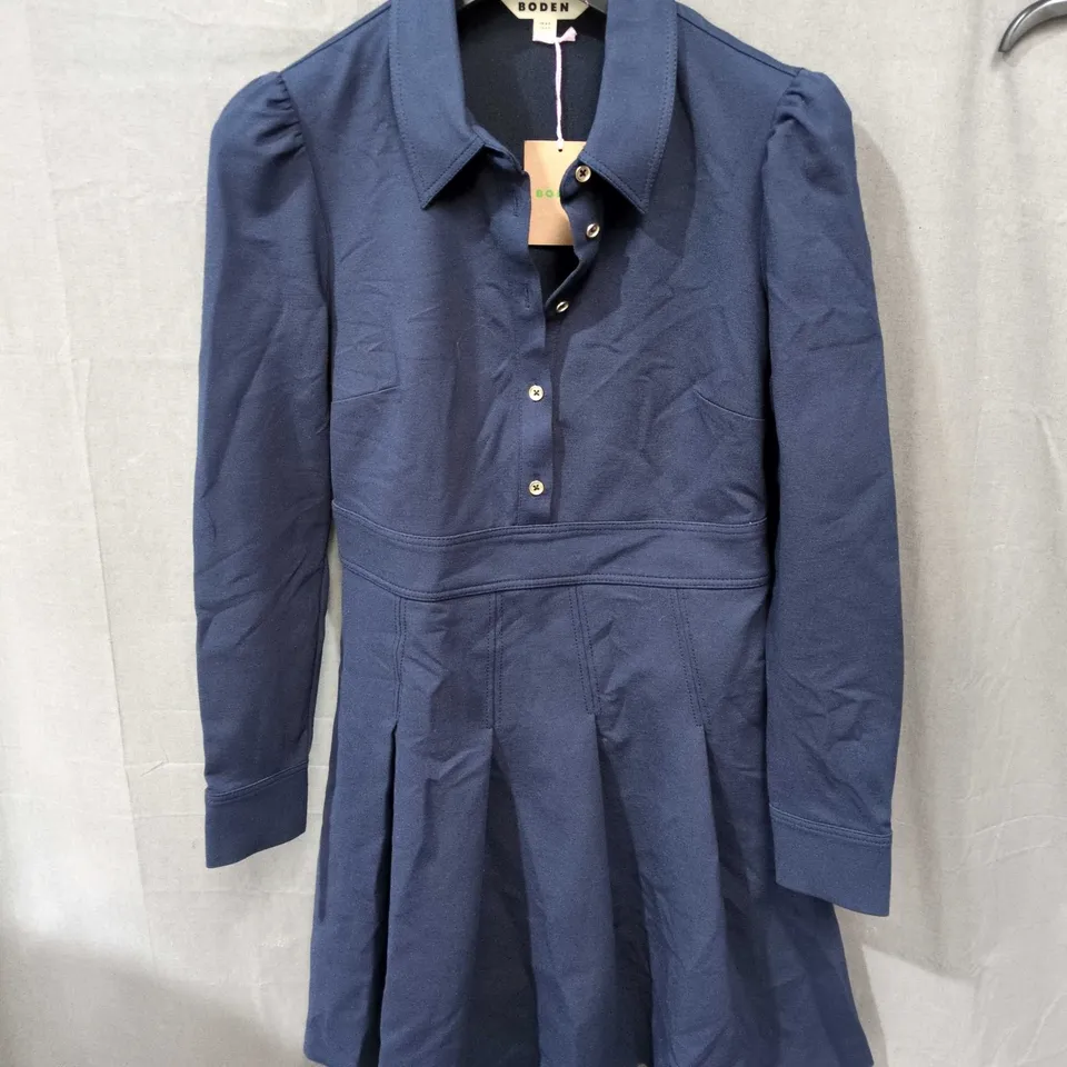 BODEN NAVY DRESS, UK 8P (US 4P) – LONG-SLEEVE COLLARED SHIRT DRESS