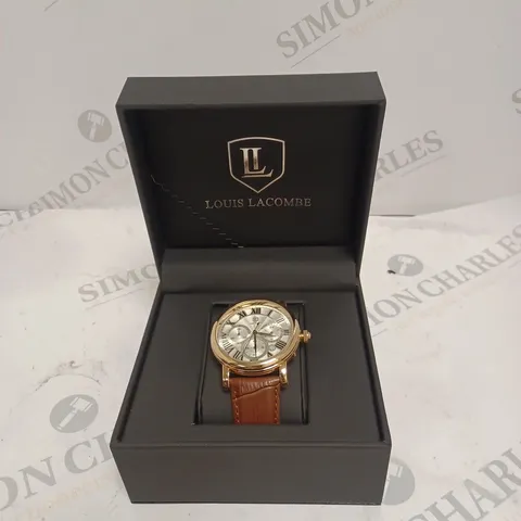 MENS LOUIS LACOMBE CHRONOGRAPH WATCH – MULTI FUNCTION DIAL WITH DATE – ROMAN NUMERAL DIAL – LEATHER STRAP – GIFT BOX