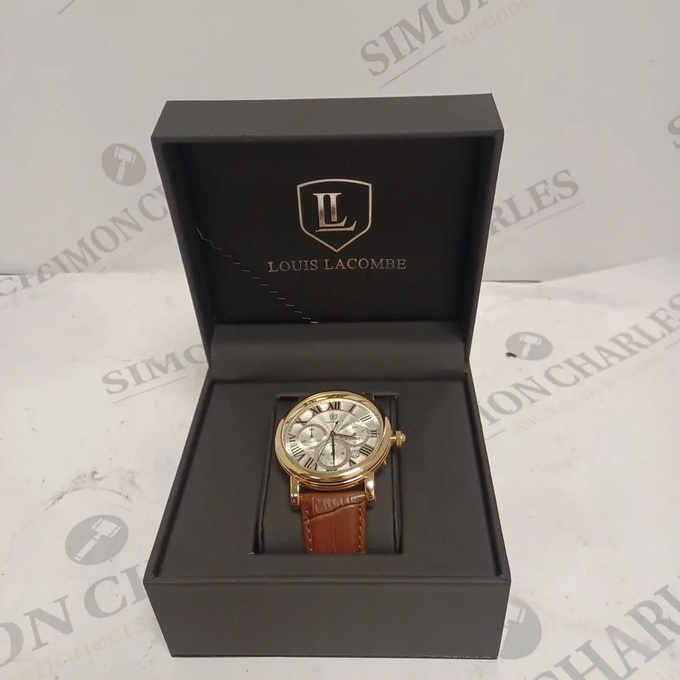 MENS LOUIS LACOMBE CHRONOGRAPH WATCH – MULTI FUNCTION DIAL WITH DATE – ROMAN NUMERAL DIAL – LEATHER STRAP – GIFT BOX