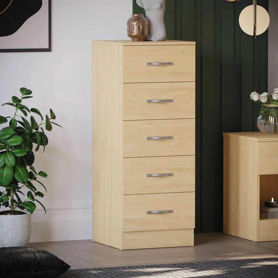 BOXED MAYBERY 5 DRAWER 34.5CM W TALLBOY - PINE (1 BOX)