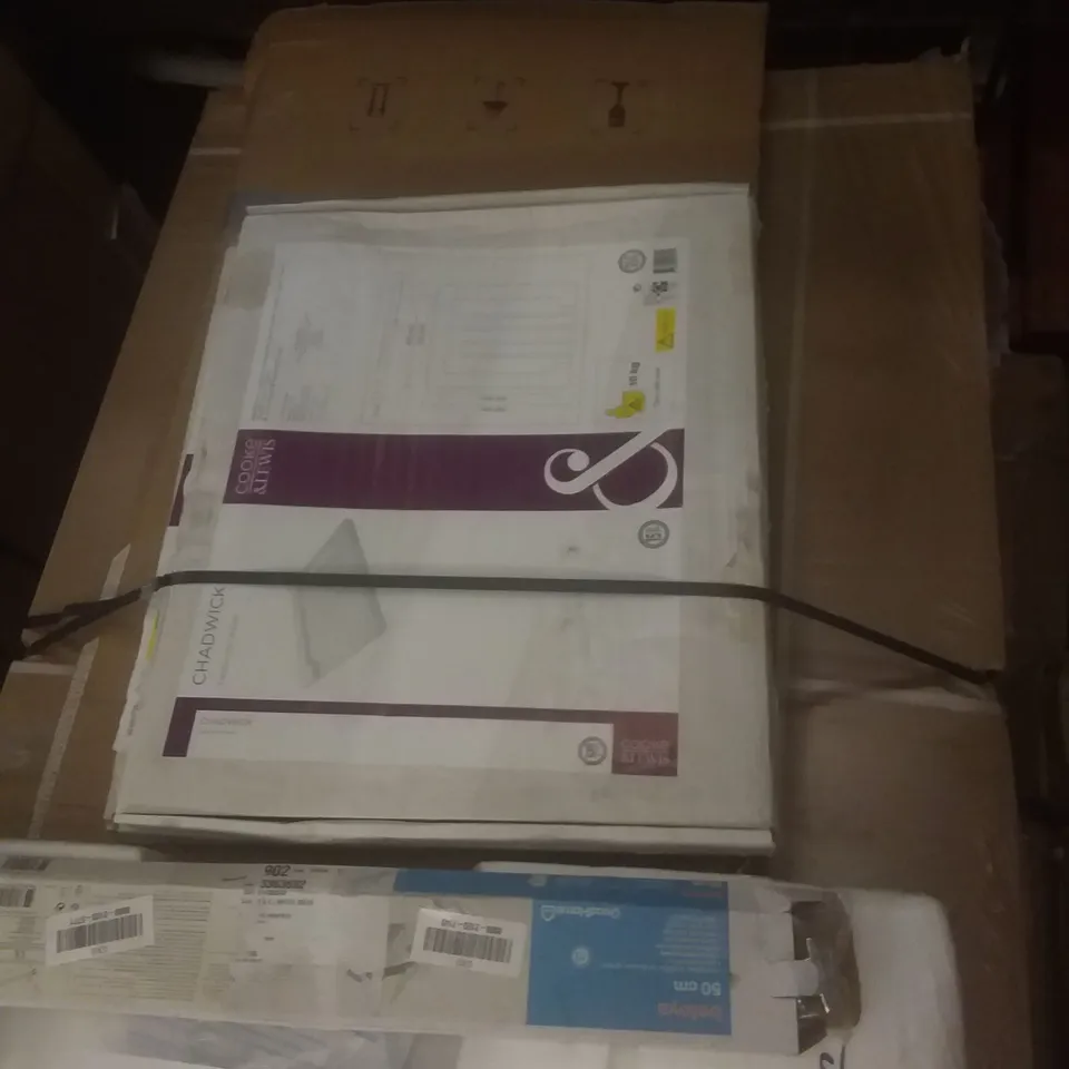 PALLET OF ASSORTED BATHROOM ITEMS SUCH AS, COOKE AND LEWIS CERAMIC SINK DRAINER, SLIDING DOORS AND CORNER SINK