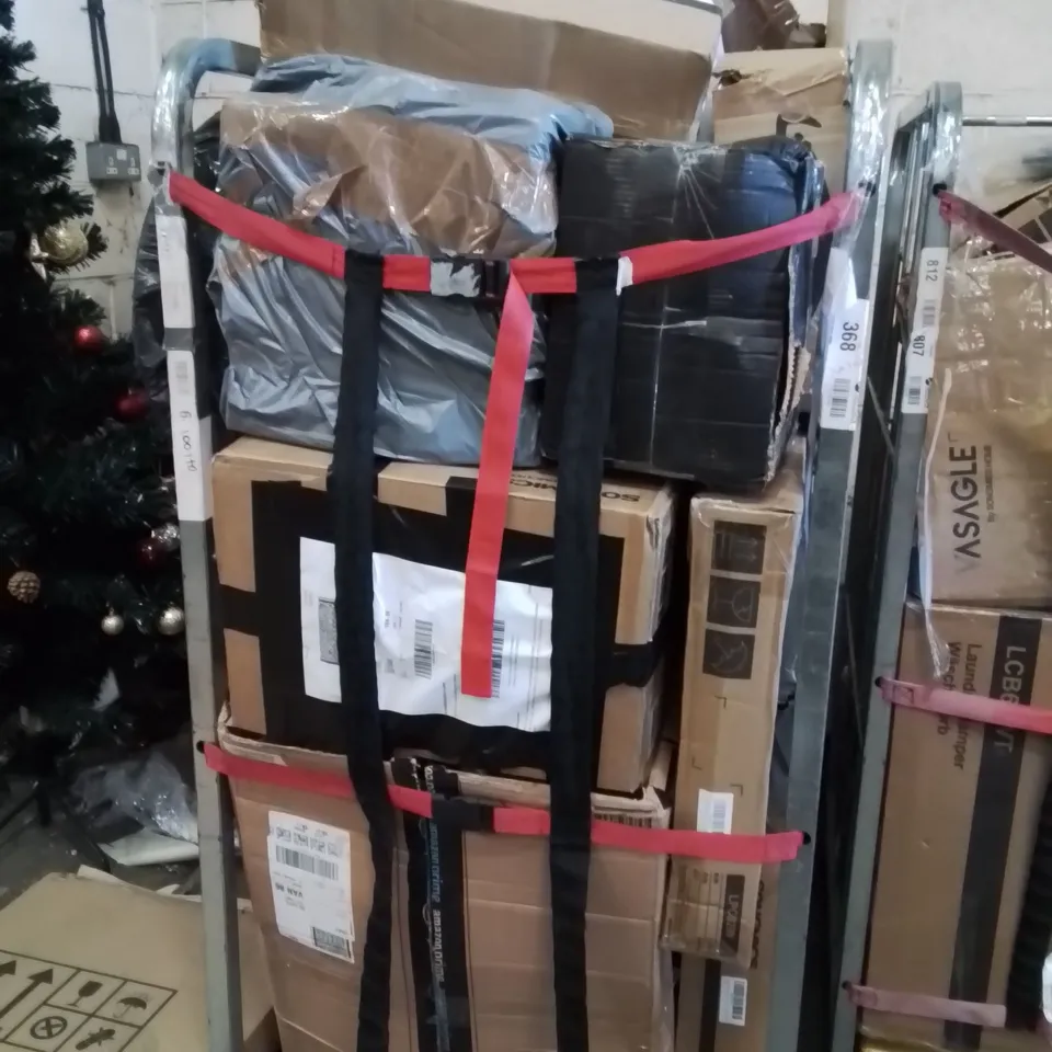 CAGE OF ASSORTED HOUSEHOLD GOODS AND PRODUCTS TO INCLUDE;LAUNDRY HAMPER,STORAGE BOX,SHOE RACK,ROLLING CART