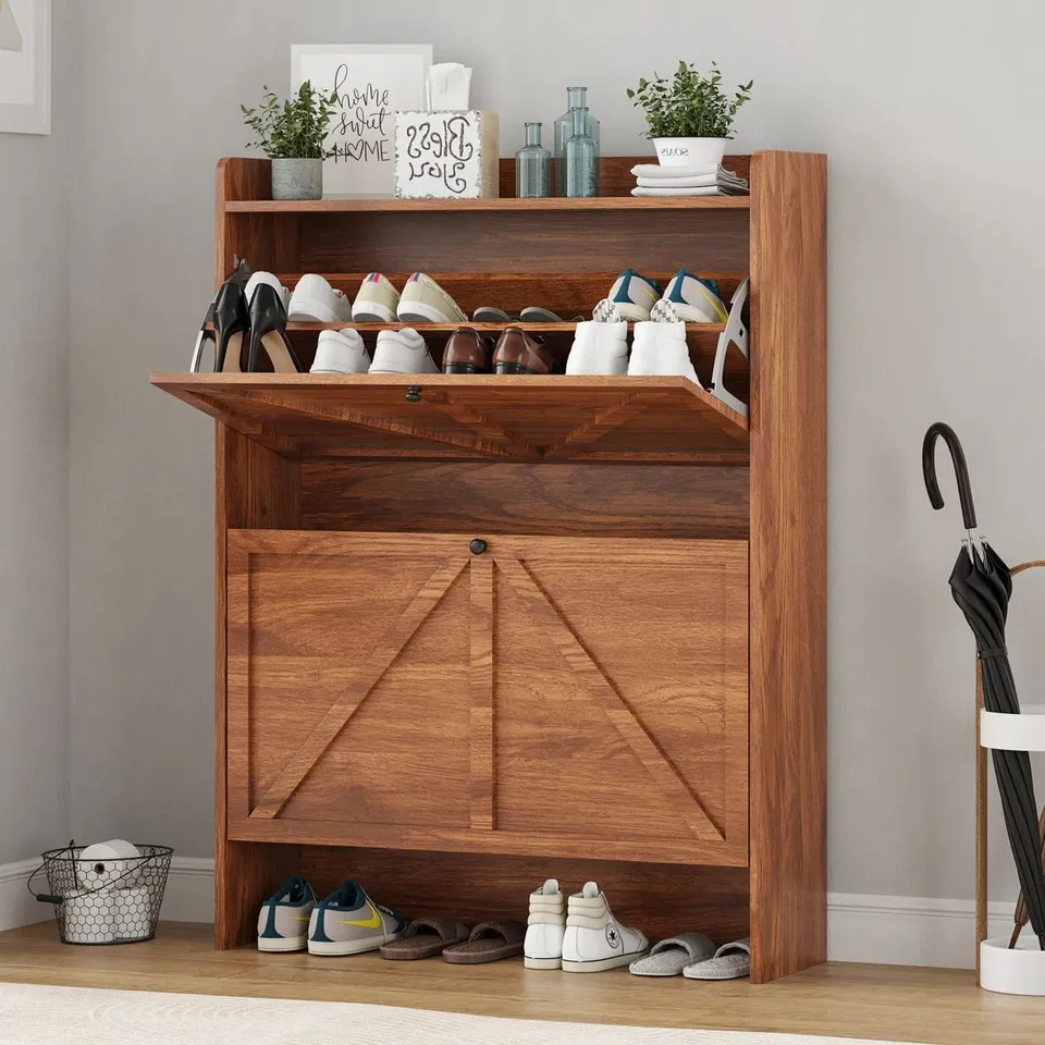 BOXED 16 PAIR SHOE STORAGE CABINET - WALNUT // MODEL: SR068-WNT (1 BOX)