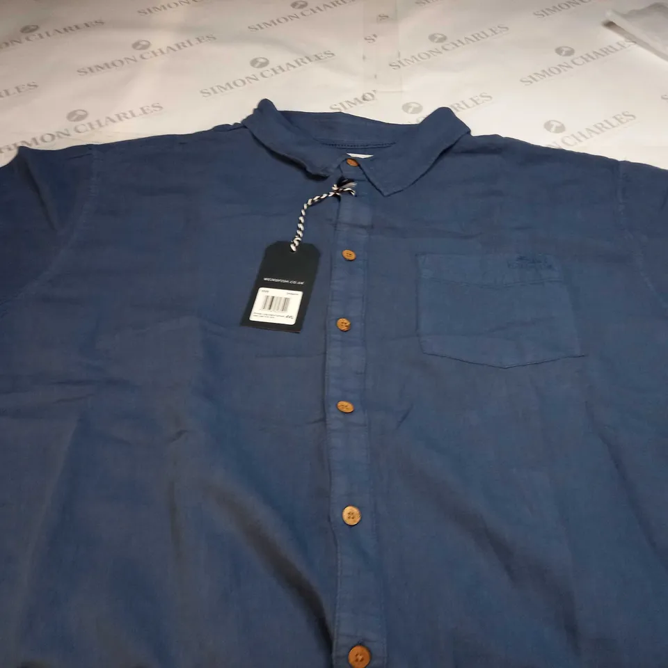 WEIRDFISH STRONSAY LONG SLEEVE GARMENT DYED LINEN RICH SHIRT IN NAVY - 4XL