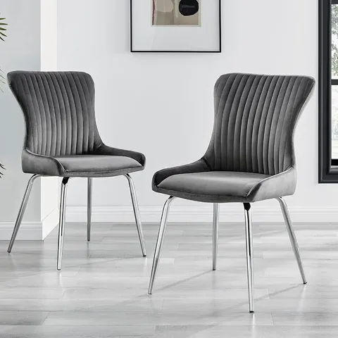 BOXED FURNITUREBOX SET OF 2 NORA DARK GREY VELVET DINING CHAIRS – MODERN WINGBACK DESIGN – SILVER CHROME METAL LEGS (1 BOX)