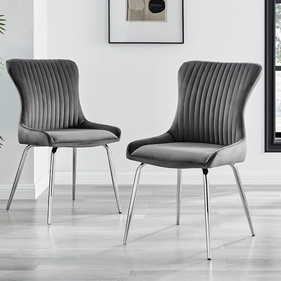 BOXED FURNITUREBOX SET OF 2 NORA DARK GREY VELVET DINING CHAIRS – MODERN WINGBACK DESIGN – SILVER CHROME METAL LEGS (1 BOX)