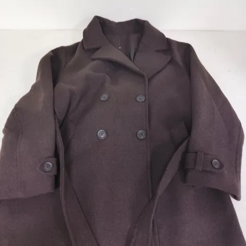 BERSHKA BROWN WOOL-BLEND COAT, DOUBLE-BREASTED WITH BELT – CHOCOLATE SIZE 16