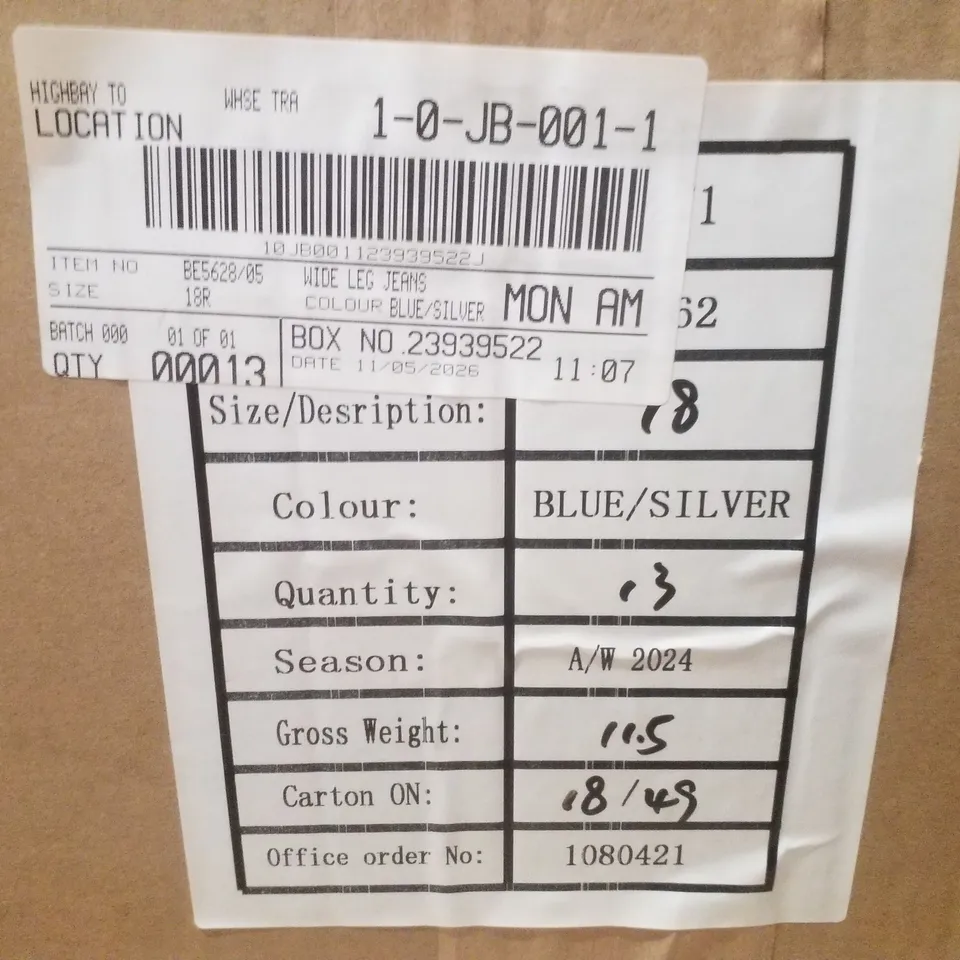 BOX CONTAINING APPROXIMATELY 13 BRAND NEW SIMPLY BE BLUE METALLIC WIDE LEG JEANS - SIZE 18R