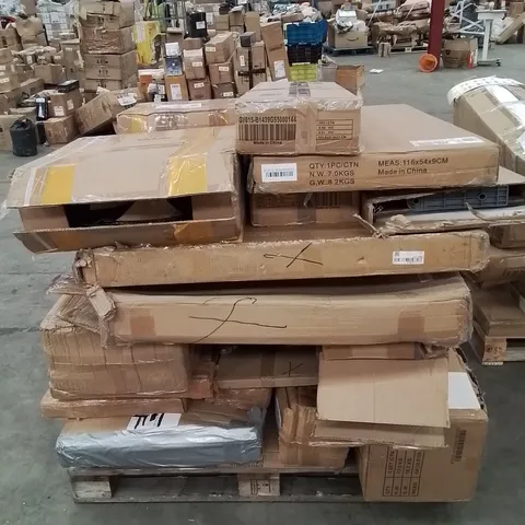 PALLET CONTAINING VARIOUS ASSORTED HOUSEHOLD CUSTOMER RETURNS TO INCLUDE: FLOORING TILES, STANDING FAN, AND LOTS MORE UNMARKED BOXED ITEMS 
