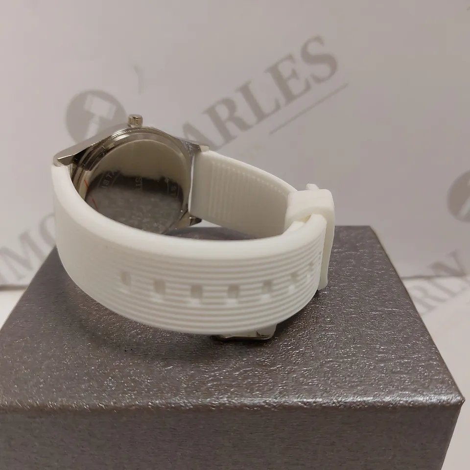 BOXED STRADA SILVER EFFECT WATCH WITH WHITE RUBBER STRAP