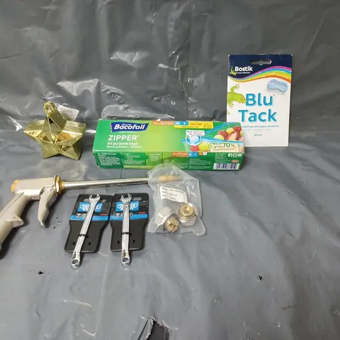 BOX OF APPROXIMATELY 20 ASSORTED HOUSEHOLD ITEMS TO INCLUDE PIPE CONNECTORS, BLU TACK AND MINI TOOLS