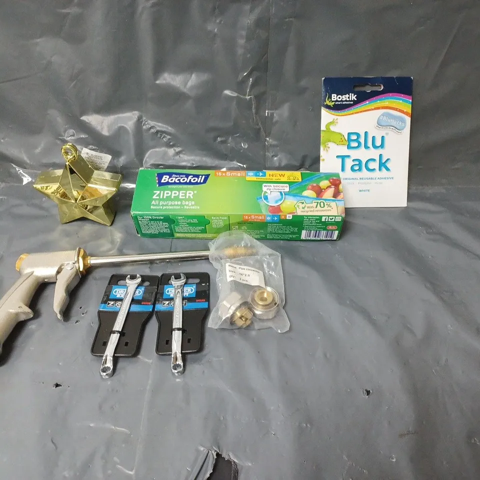 BOX OF APPROXIMATELY 20 ASSORTED HOUSEHOLD ITEMS TO INCLUDE PIPE CONNECTORS, BLU TACK AND MINI TOOLS