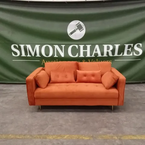 DESIGNER 2 SEATER SOFA WITH SCATTER CUSHIONS - ORANGE VELVET