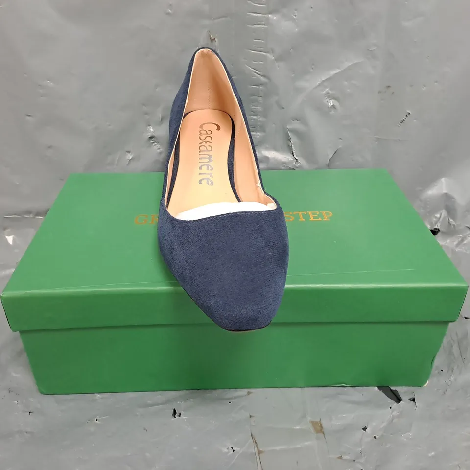 BOXED PAIR OF CASTAMERE LOW HEEL SLIP-ON SHOES IN NAVY SIZE EU 37