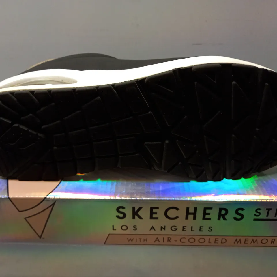 BOXED PAIR OF SKECHERS STREET BLACK TRAINERS - SIZE 7