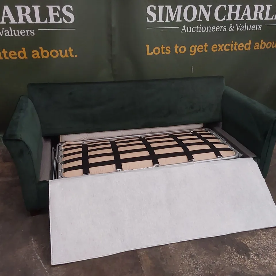 QUALITY DESIGNER 3 SEATER FOREST GREEN VELVET UPHOLSTERED SOFA BED
