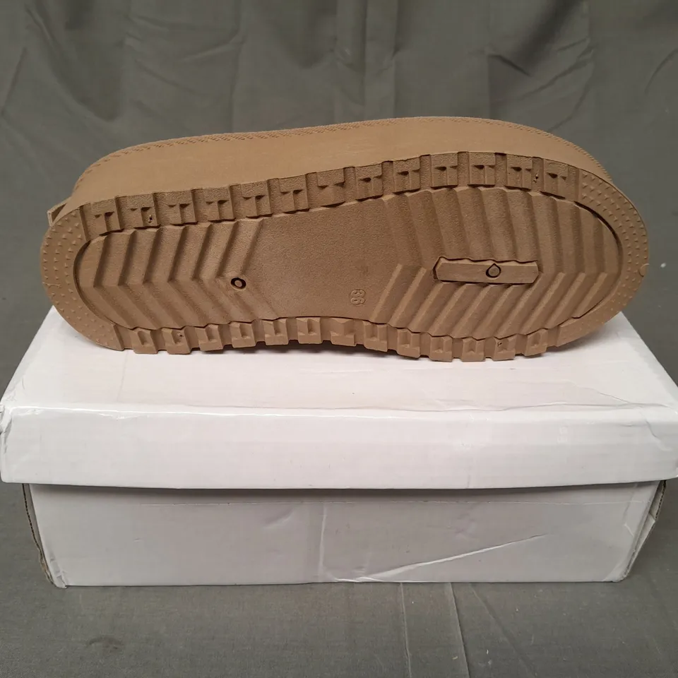 BOXED PAIR OF UGG SLIP ON SHOES IN LIGHT BROWN SIZE EU 36