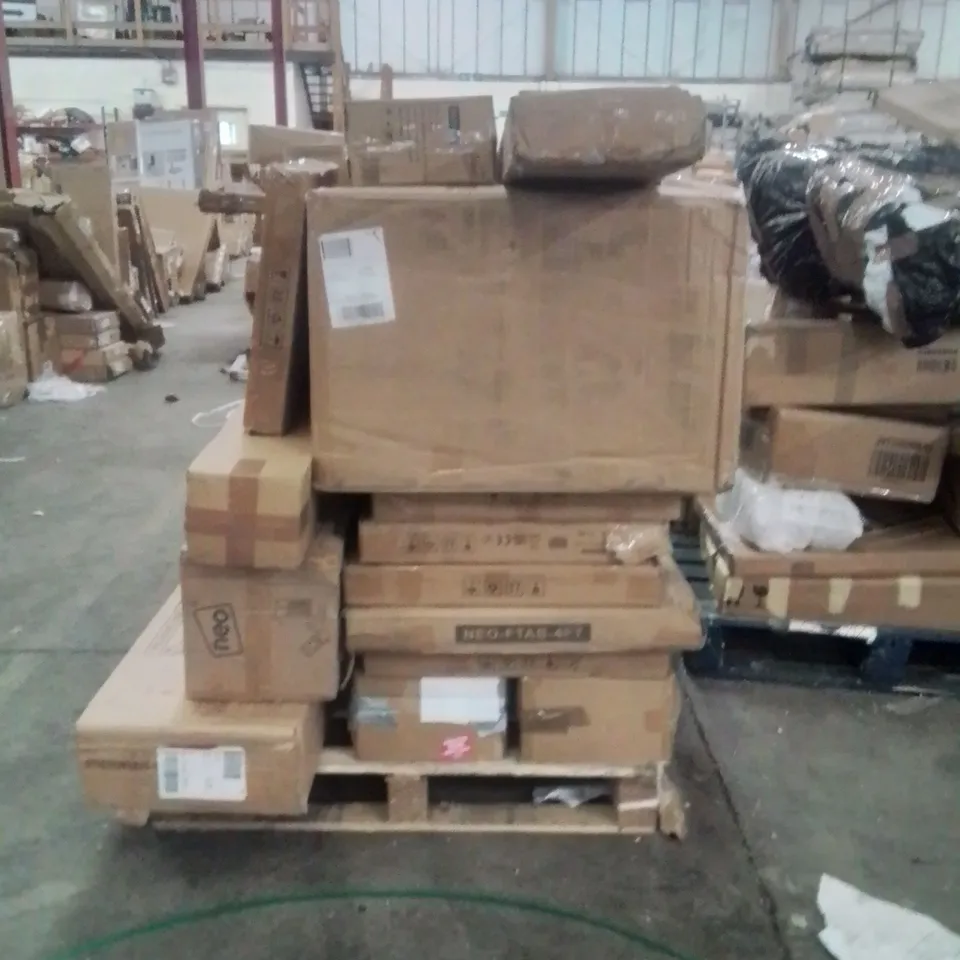 PALLET TO CONTAIN NEO PRODUCTS AND OTHER ASSORTED HOUSEHOLD GOODS TO INCLUDE;GREY WOOD DELUXE PORTABLE SPA,AIR COOLER,DECK CHAIRS,MIRROR,4FT TABLE