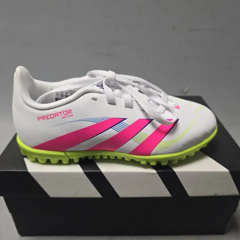 BOXED PAIR OF ADIDAS PREDATOR CLUB TF JUNIOR BOOTS IN WHITE/PINK - UK 11K