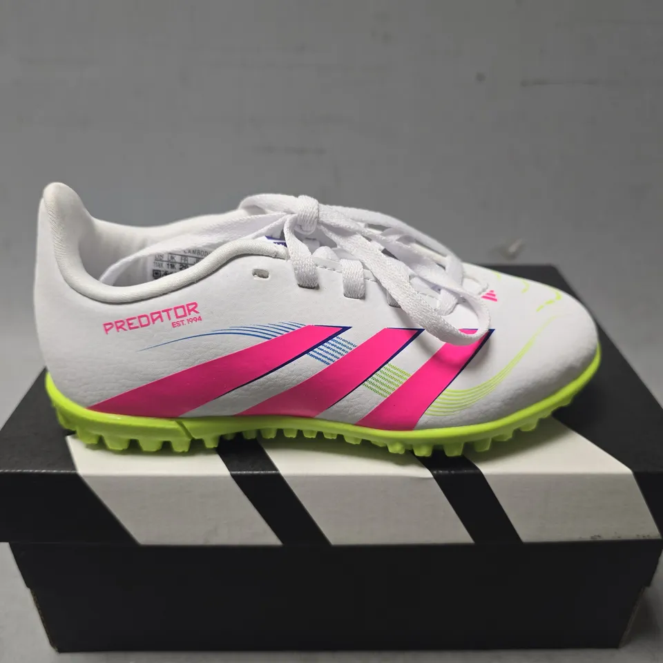 BOXED PAIR OF ADIDAS PREDATOR CLUB TF JUNIOR BOOTS IN WHITE/PINK - UK 11K