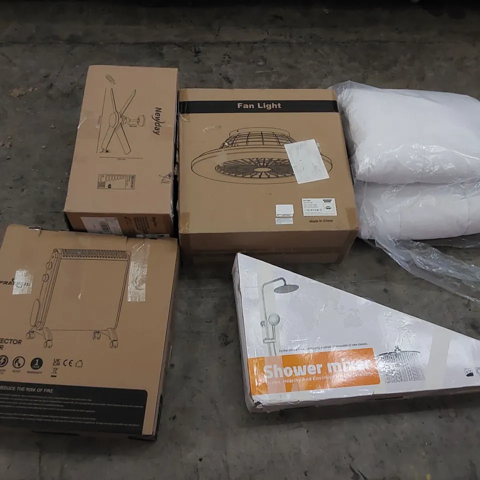 PALLET TO CONTAIN ASSORTED HOUSEHOLD PRODUCTS. INCLUDES CONVECTION HEATER, CEILING LIGHT/FANS, SHOWER MIXER, DUVET, OFFICE CHAIR ETC 