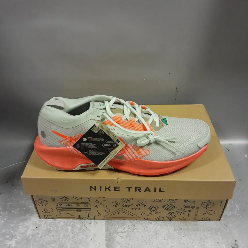 BOXED PAIR OF NIKE TRAIL PEGASUS 5 GTX TRAINERS IN LIGHT SILVER/HYPER CRIMSON SIZE UK 10