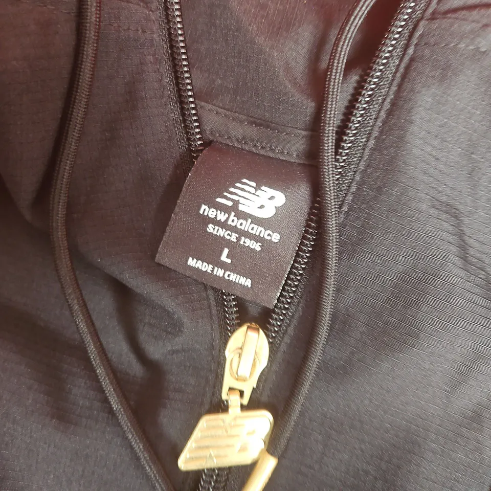 NEW BALANCE COLOUR-BLOCK WINDBREAKER JACKET – BLACK WITH RED SHOULDERS, BLUE SLEEVES (UK SIZE L)