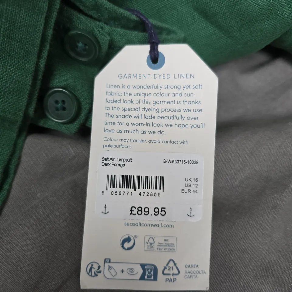 SEASALT SALT AIR JUMPSUIT – DARK FORAGE GREEN, GARMENT-DYED LINEN, UK 16 (US 12, EUR 44)