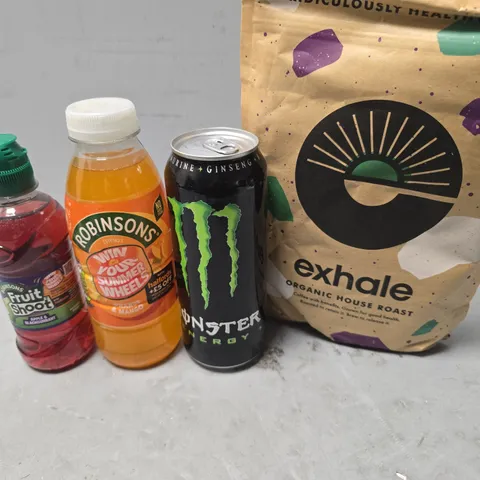 APPROXIMATELY 7 ASSORTED FOOD & DRINK ITEMS TO INCLUDE - ROBINSONS FRUIT SHOOT , MONSTER ENERGY , EXHALE HOUSE ROAST ETC