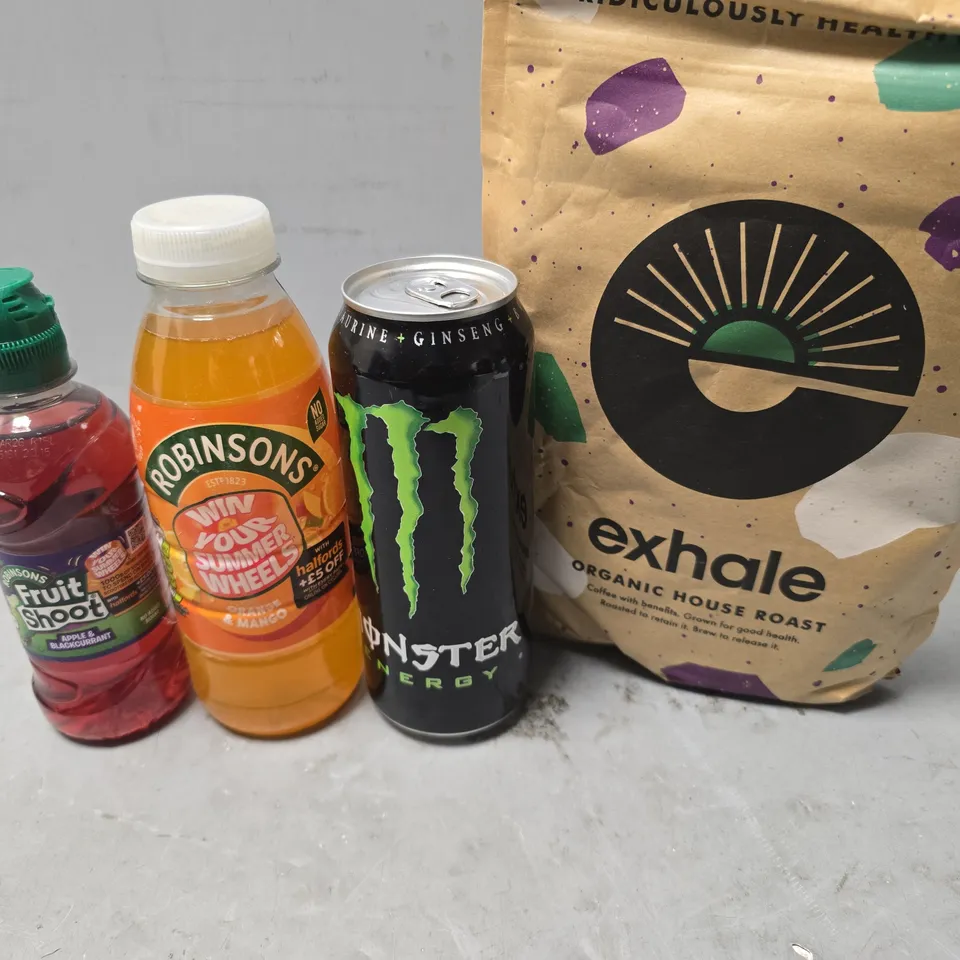 APPROXIMATELY 7 ASSORTED FOOD & DRINK ITEMS TO INCLUDE - ROBINSONS FRUIT SHOOT , MONSTER ENERGY , EXHALE HOUSE ROAST ETC