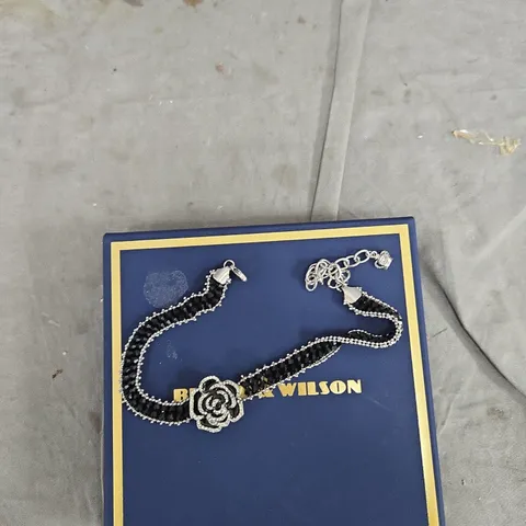 BUTLER & WILSON CRYSTAL & BLACK BEAD NECKLACE WITH FLORAL CENTRE – BOXED