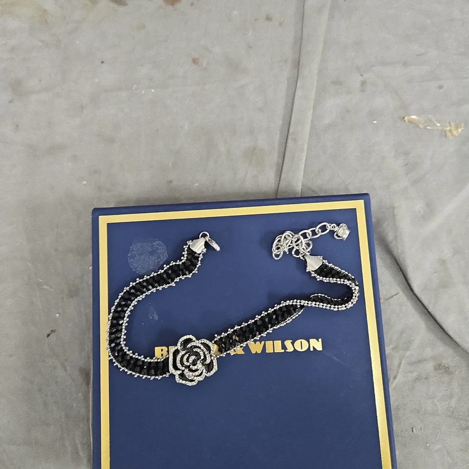 BUTLER & WILSON CRYSTAL & BLACK BEAD NECKLACE WITH FLORAL CENTRE – BOXED