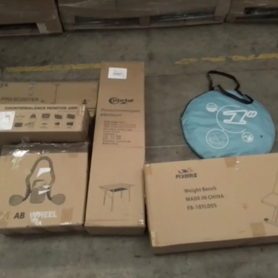 PALLET OF UNPROCESSED ITEMS TO INCLUDE ABWHEEL, PRO SCOOTER, AND WEIGHT BENCH