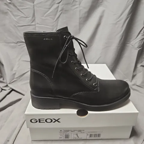 BOXED GEOX D RAWELLE A - NAPPA SHEEP LEA BLACK LEATHER LACE-UP BOOT – UK 7.5 (EU 41)