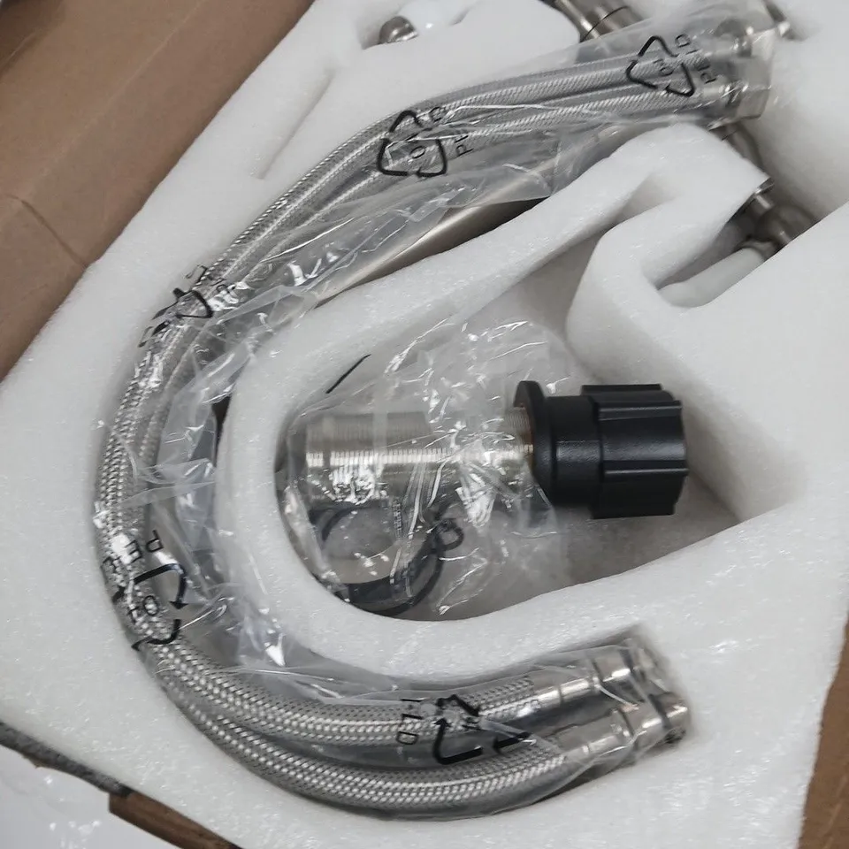 TWO-HANDLE FAUCET SET WITH BRAIDED HOSES AND WHITE CERAMIC HANDLES – CHROME FINISH